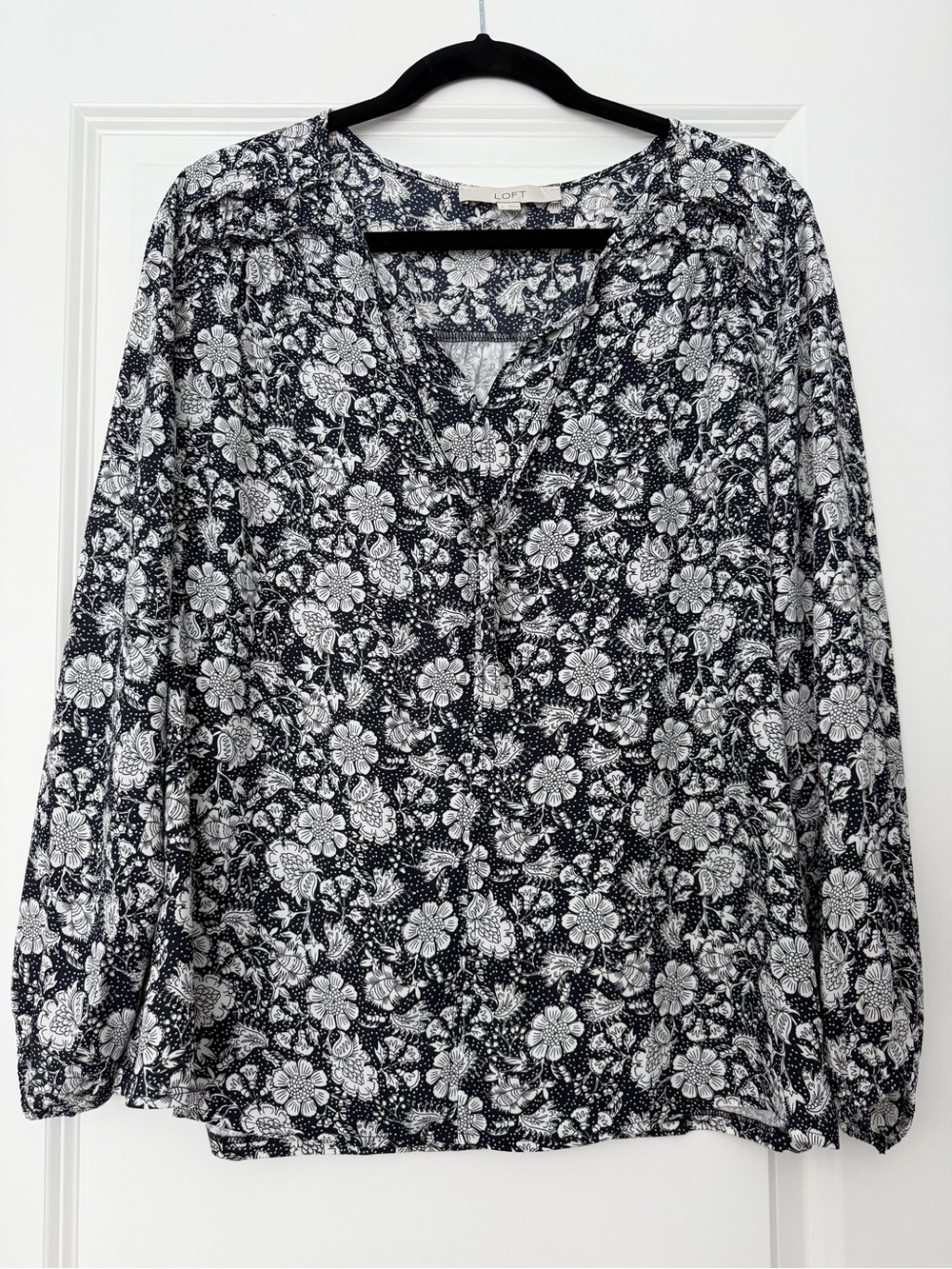 LOFT Navy & White Floral V-Neck Blouse